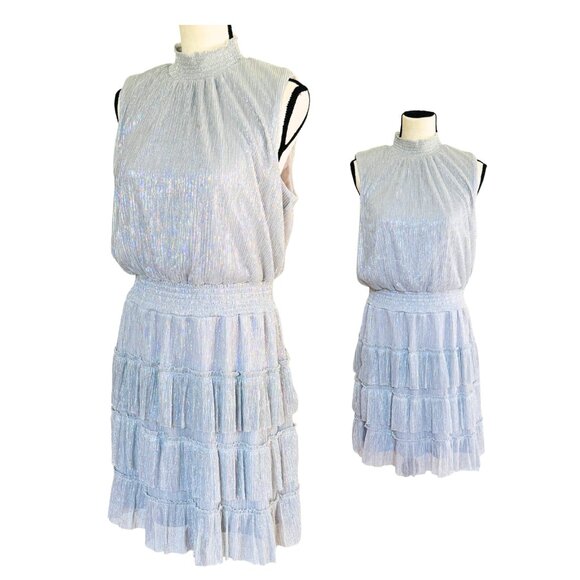 MSK Shimmer Silver Metallic Ruffle Mini Dress Size Large, Party, Cocktail, Glam - Picture 1 of 12